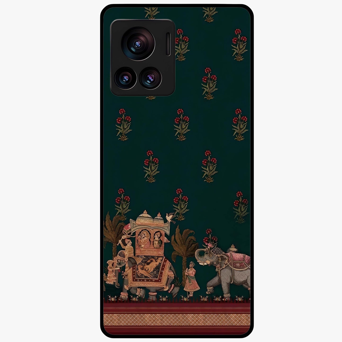 Macmerise Glass Case showing flat back view with stylish modern artwork and glossy glass finish.