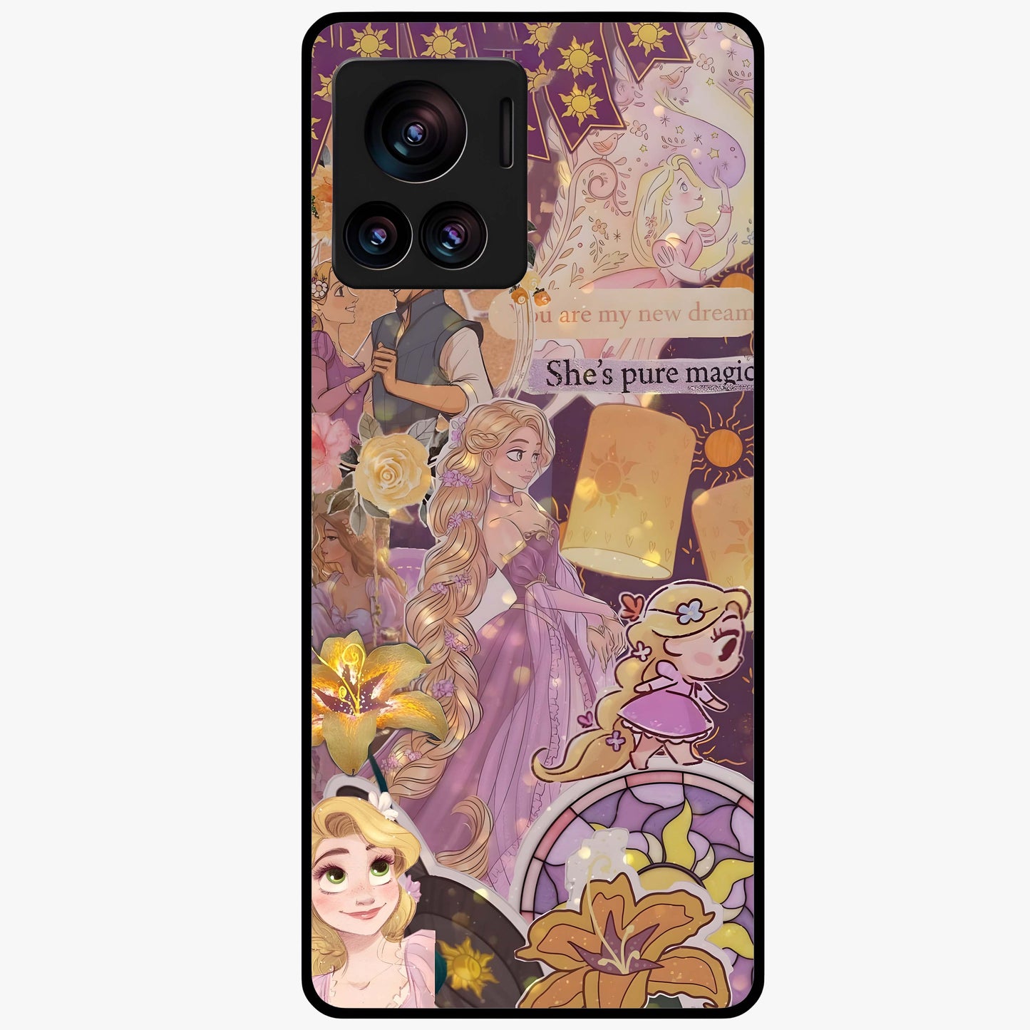 Magical Tangled Dream Glass Case showing flat back view with dreamy tangled artwork and glossy glass finish.