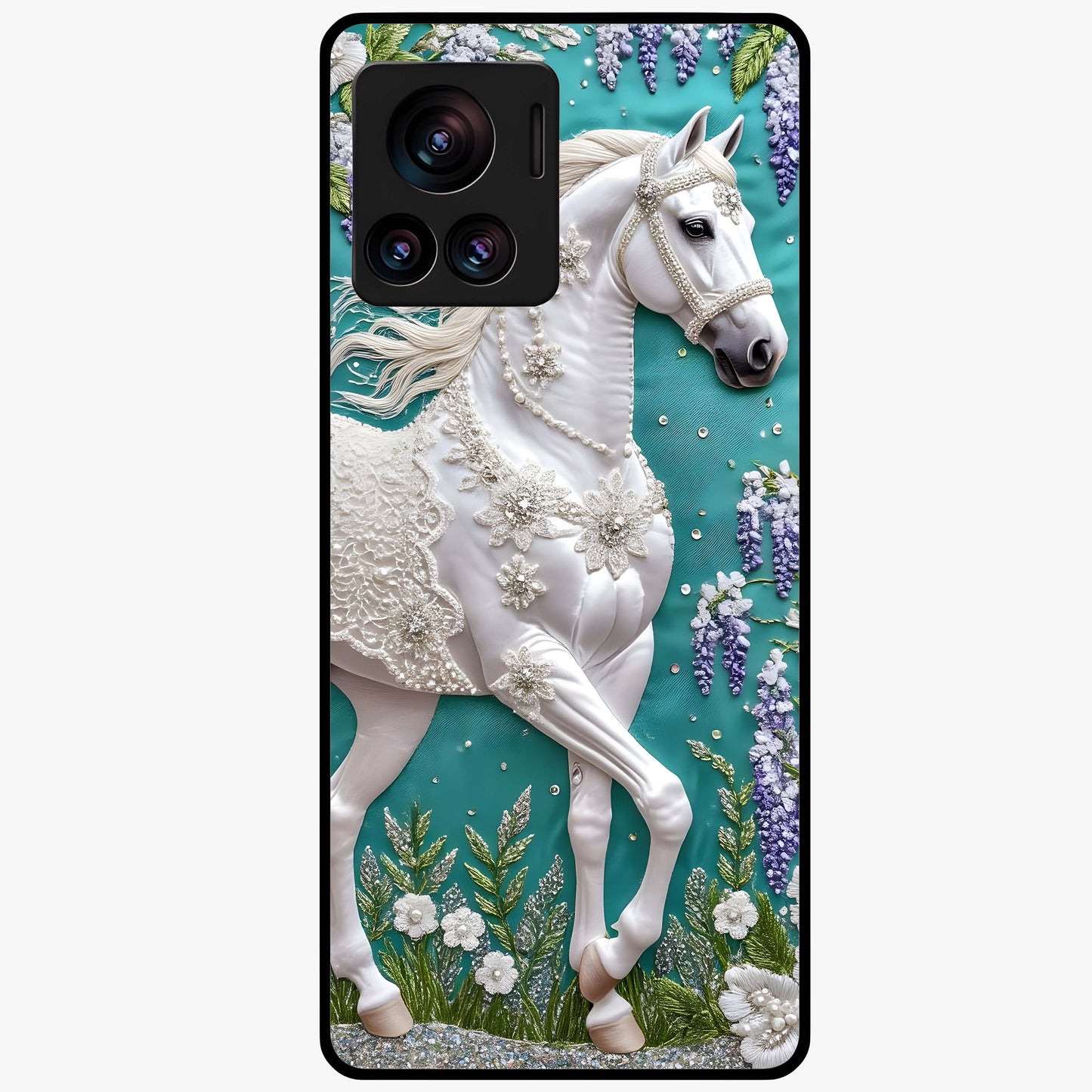 Majestic Floral Stallion Glass Case showing flat back view with powerful horse and floral artwork and glossy glass finish.