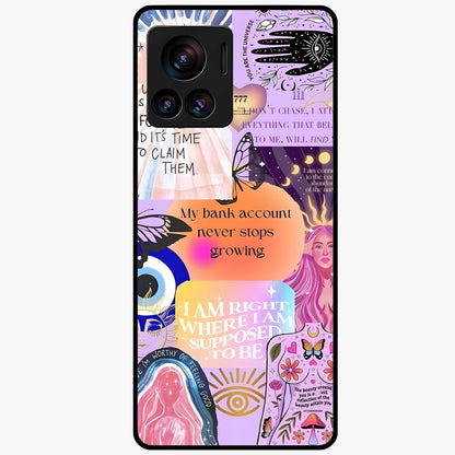 Manifestation Collage Glass Case showing flat back view with motivational collage artwork and glossy glass finish.