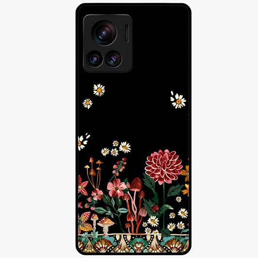 Midnight Bloom Pattern Glass Case showing flat back view with dark floral pattern artwork and glossy glass finish.