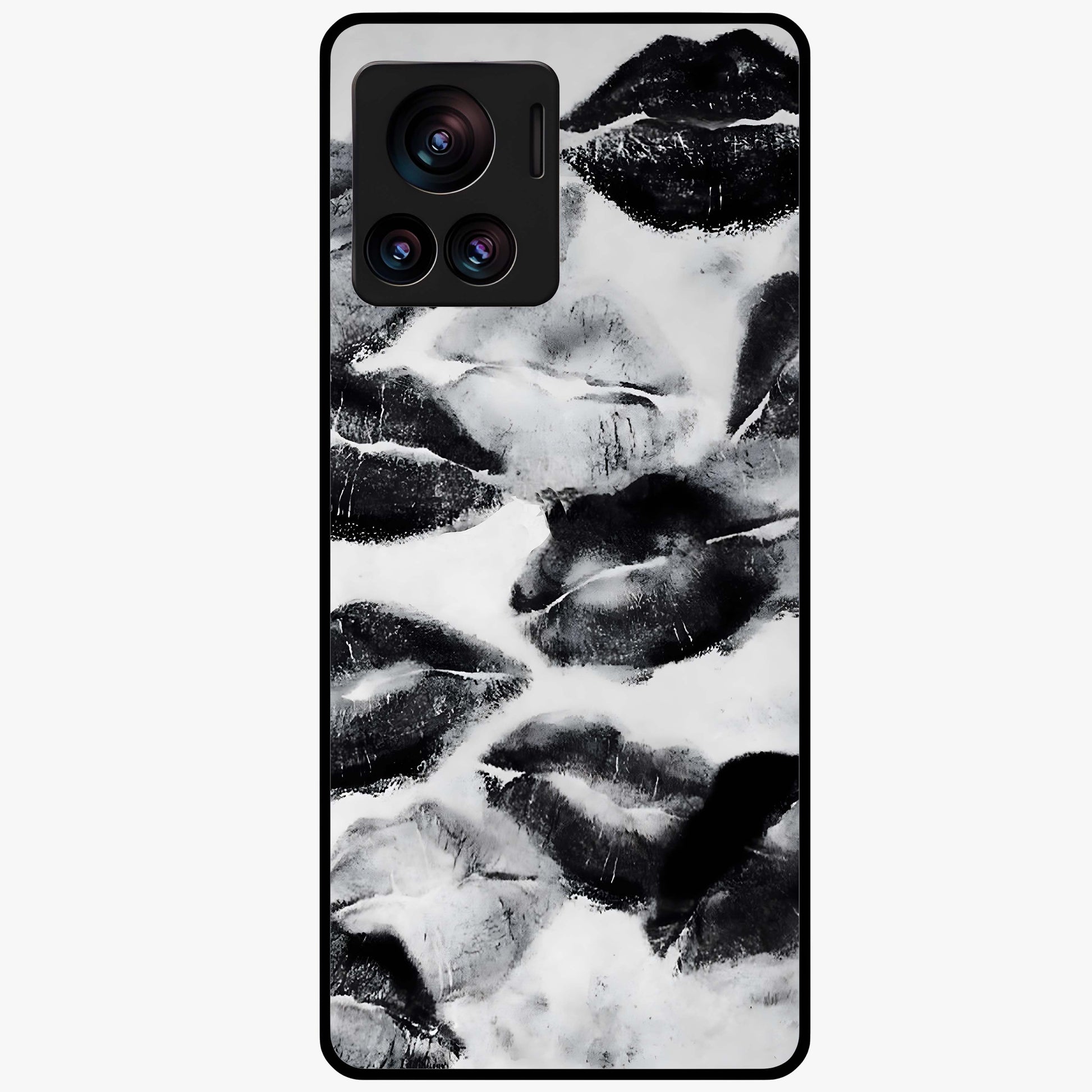 Midnight Kiss Marks Glass Case showing flat back view with lipstick kiss mark artwork and glossy glass finish.