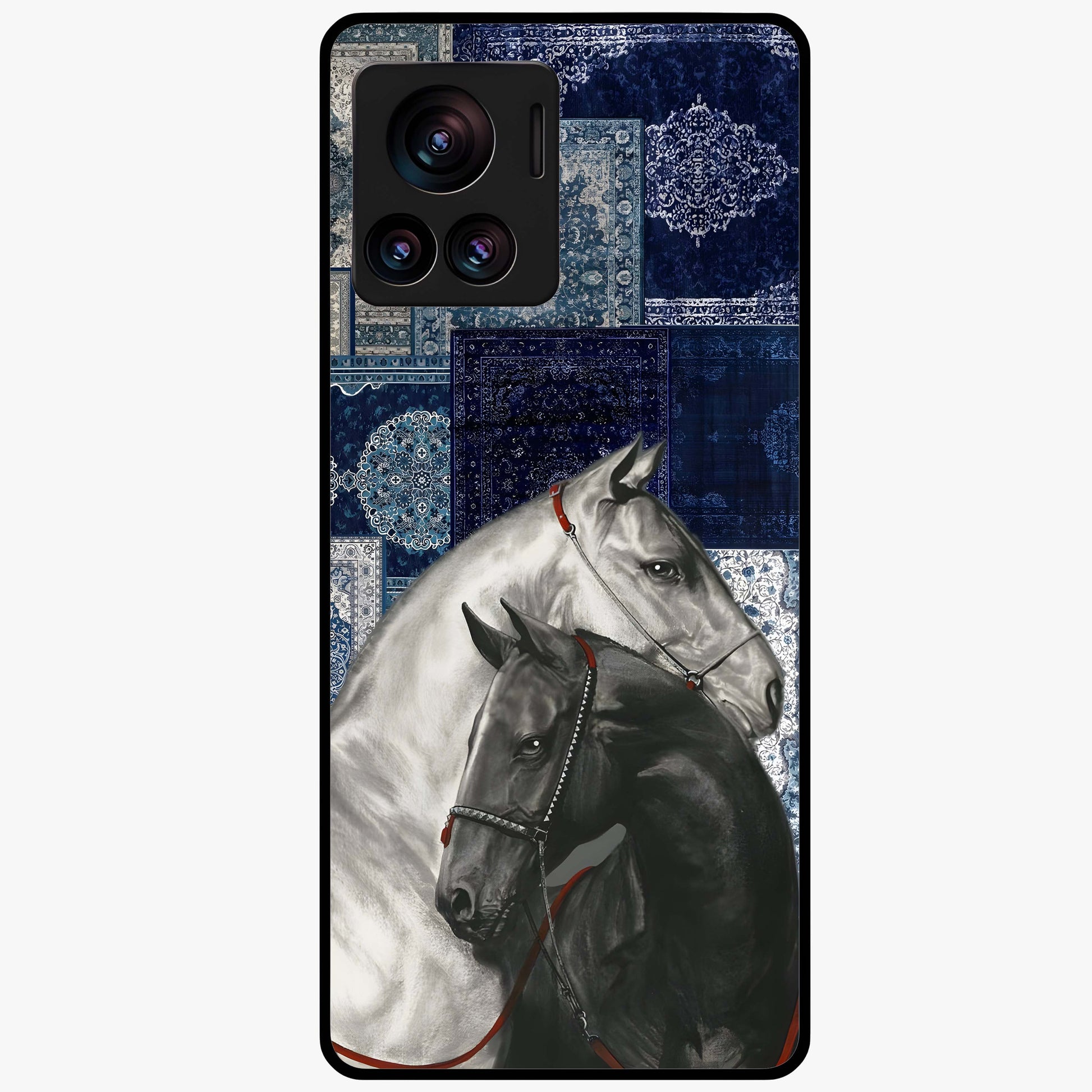 Midnight Stallion Blues Glass Case showing flat back view with majestic horse artwork and glossy glass finish.