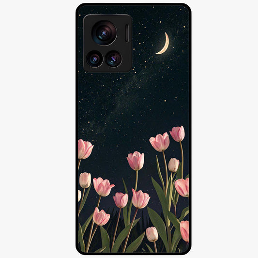 Midnight Tulip Whispers Vibe Glass Case showing flat back view with elegant tulip flower artwork and glossy glass finish.