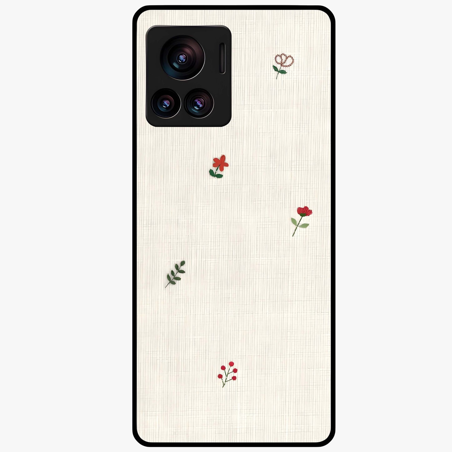 Minimal Petal Whispers Glass Case showing flat back view with soft minimal floral artwork and glossy glass finish.