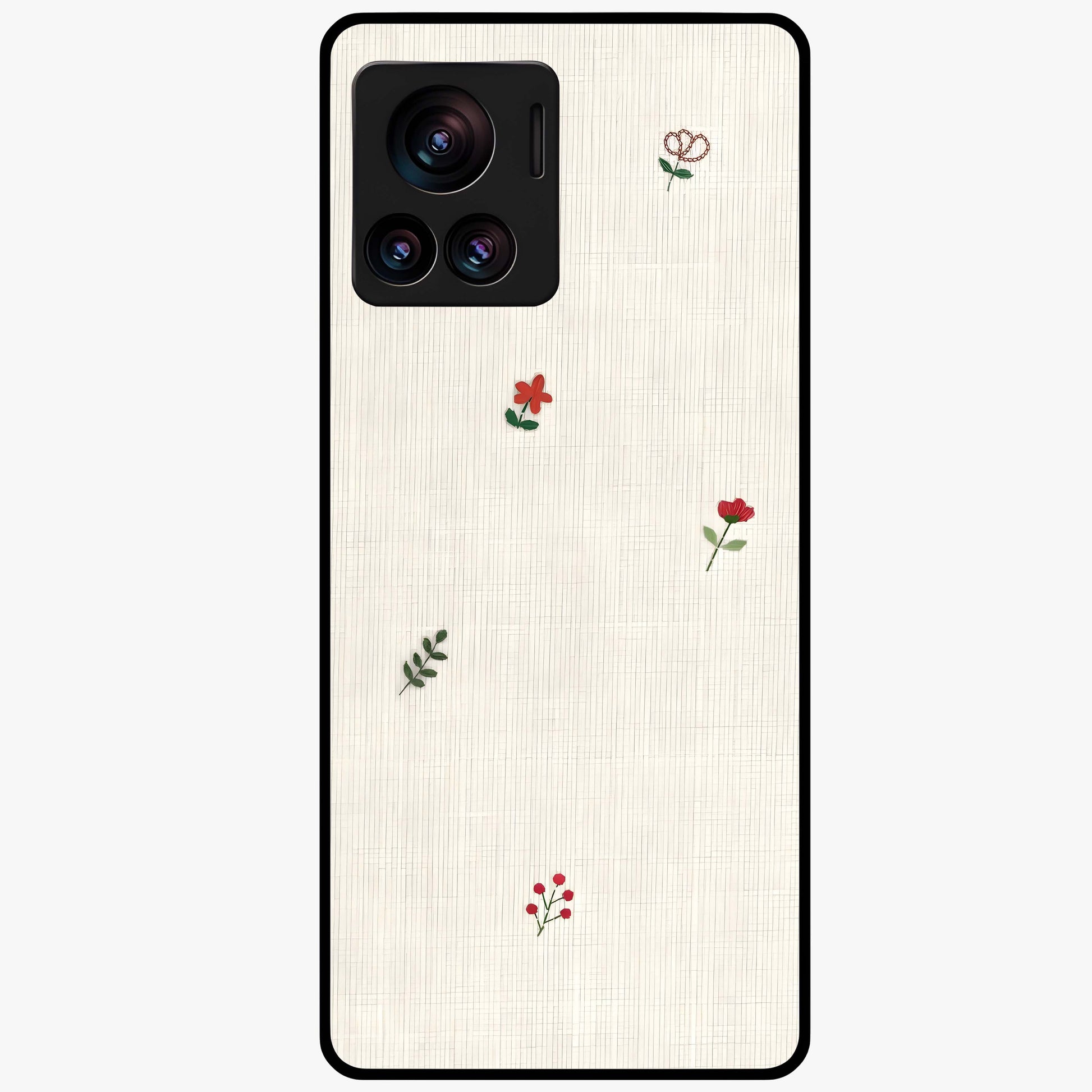 Minimal Petal Whispers Glass Case showing flat back view with soft minimal floral artwork and glossy glass finish.