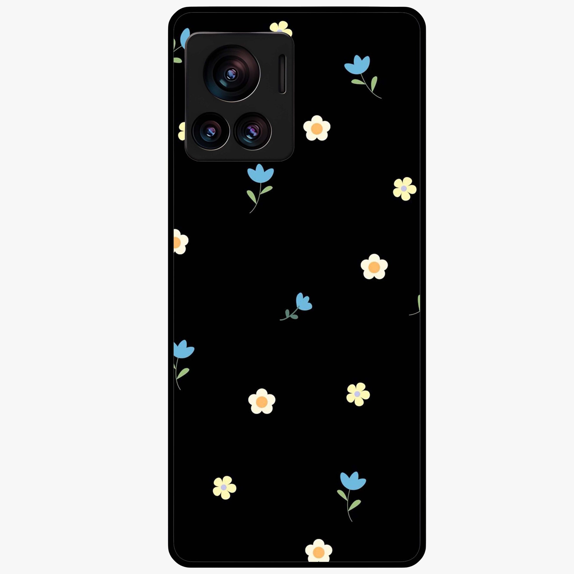 Minimalistic Blue With White Flower Pattern Glass Case showing flat back view with blue background and white flower pattern and glossy glass finish.