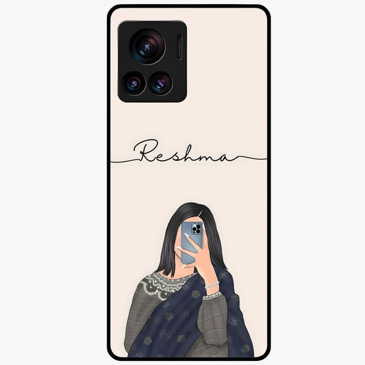 Mirror Mood Muse With Custom Name Glass Case showing flat back view with stylish mirrored artwork and personalized name design.