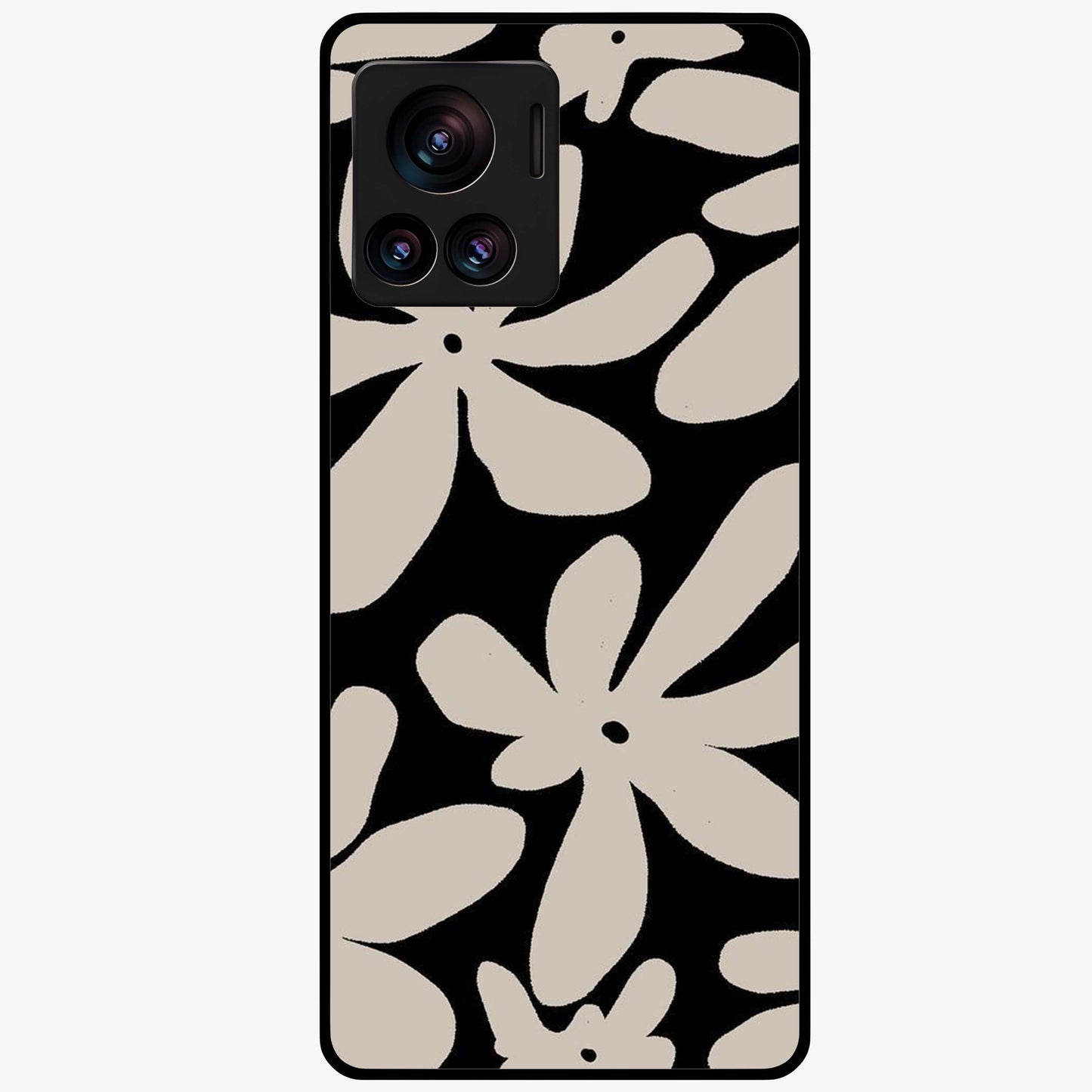 Monochrome Petal Dance Glass Case showing flat back view with monochrome floral artwork and glossy glass finish.