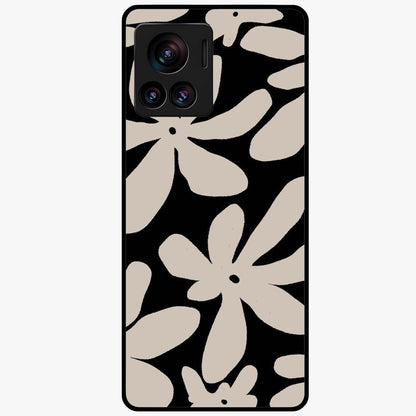 Monochrome Petal Dance Glass Case showing flat back view with monochrome floral artwork and glossy glass finish.