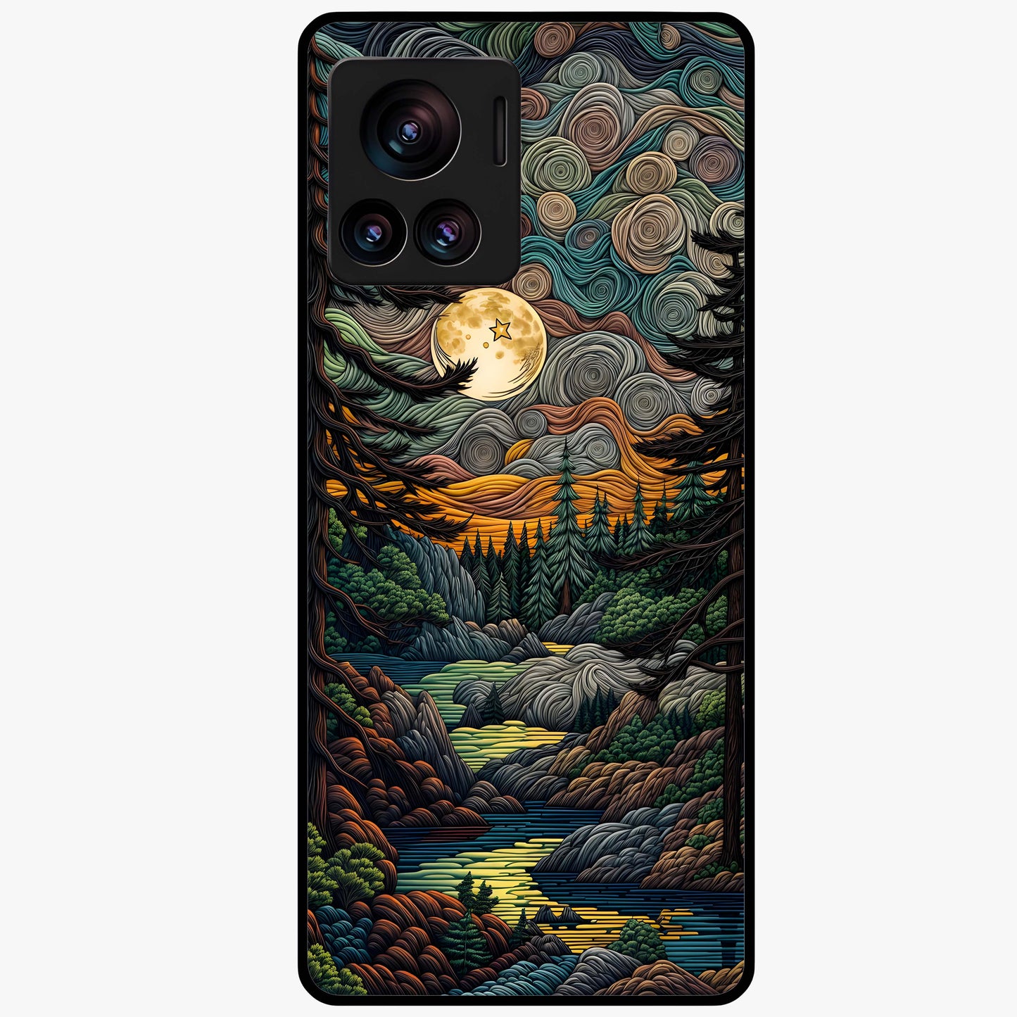 Moonlight Forest Dream Glass Case showing flat back view with mystical forest moonlight artwork and glossy glass finish.