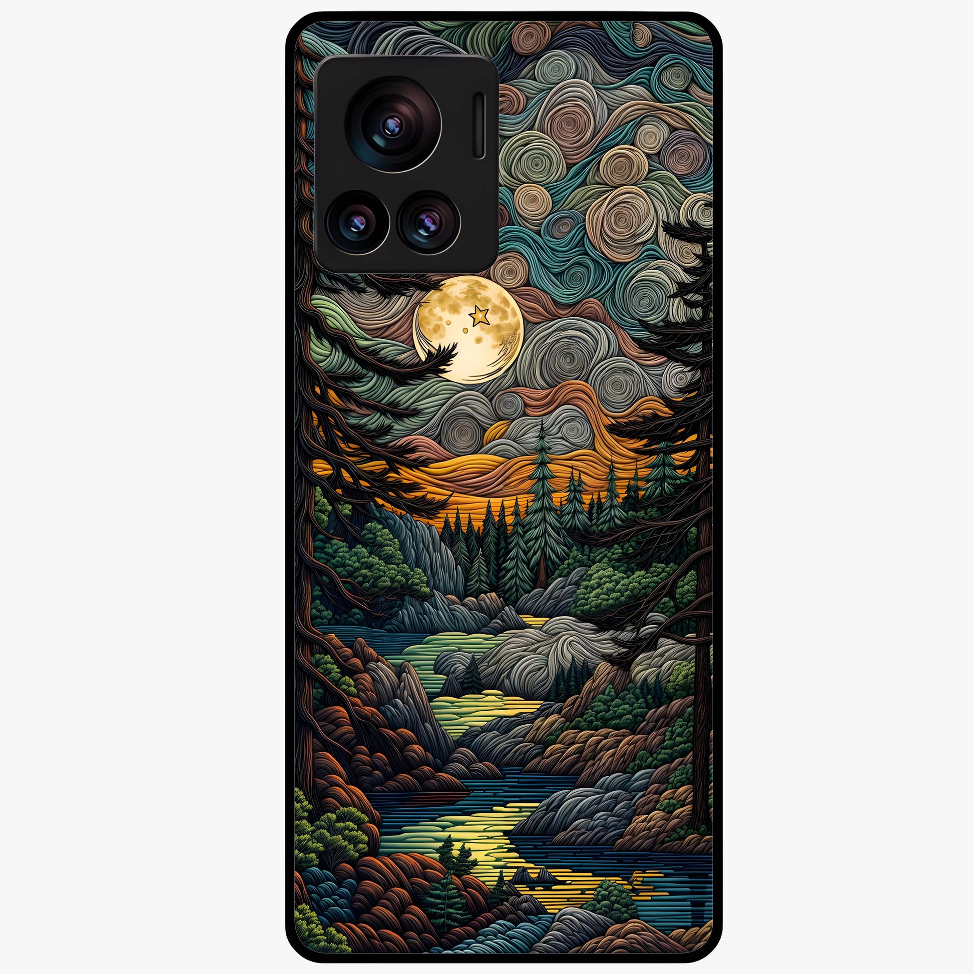 Moonlight Forest Dream Glass Case showing flat back view with mystical forest moonlight artwork and glossy glass finish.