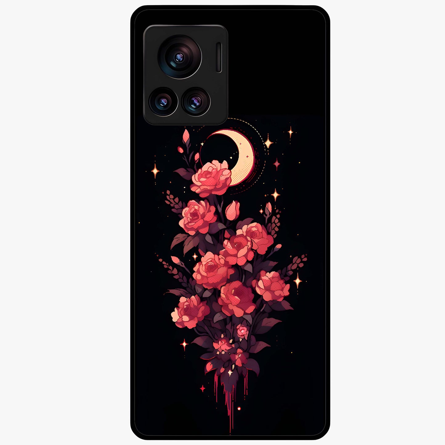 Moonlit Floral Elegance Glass Case showing flat back view with elegant floral artwork under moonlit tones and glossy glass finish.