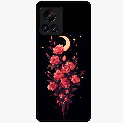 Moonlit Floral Elegance Glass Case showing flat back view with elegant floral artwork under moonlit tones and glossy glass finish.