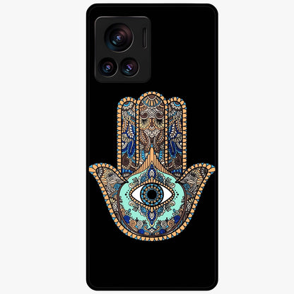 Mystic Hamsa Eye Glass Case showing flat back view with protective hamsa hand and evil eye artwork and glossy glass finish.