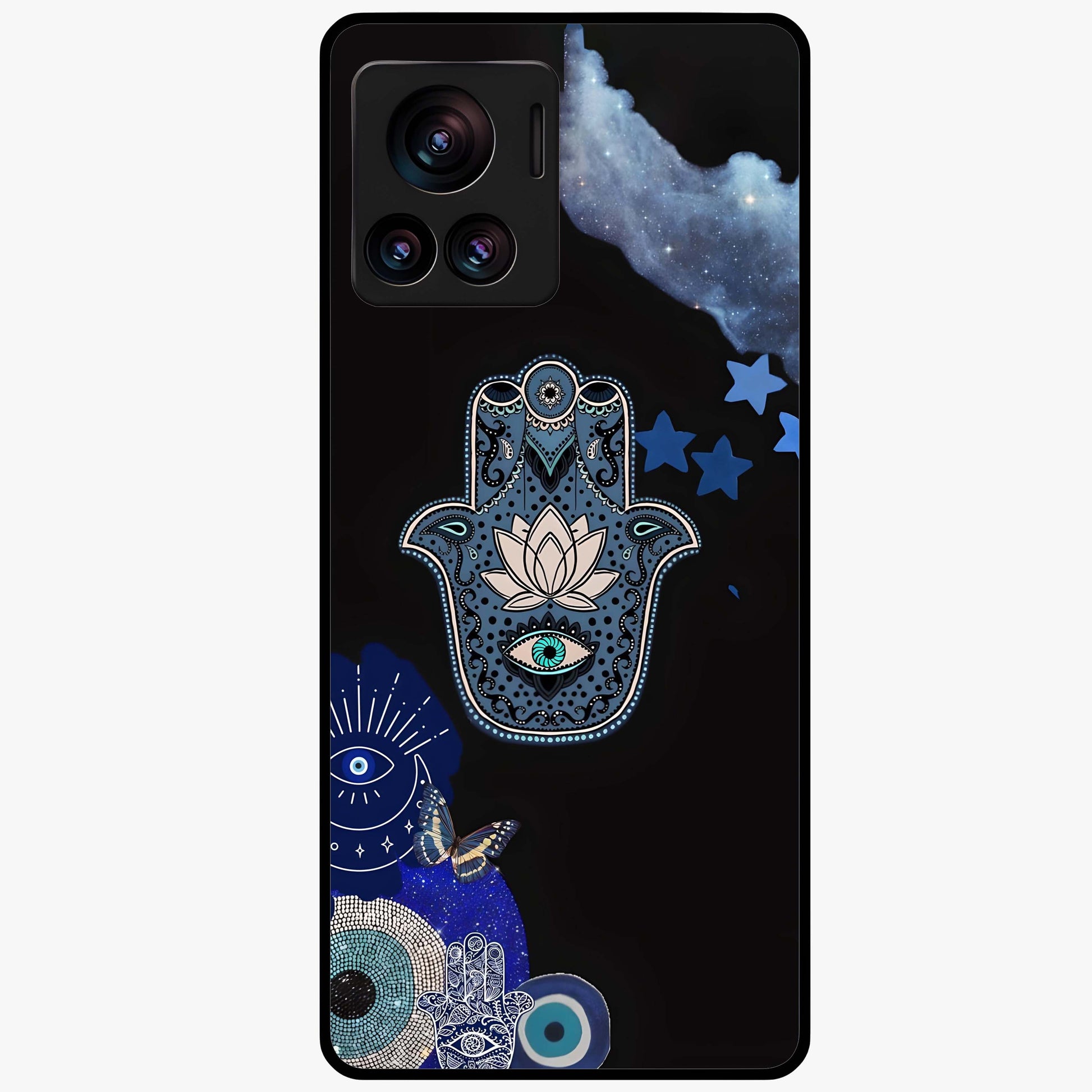 Mystic Hand Aura Glass Case showing flat back view with mystical hand symbol artwork and glossy glass finish.