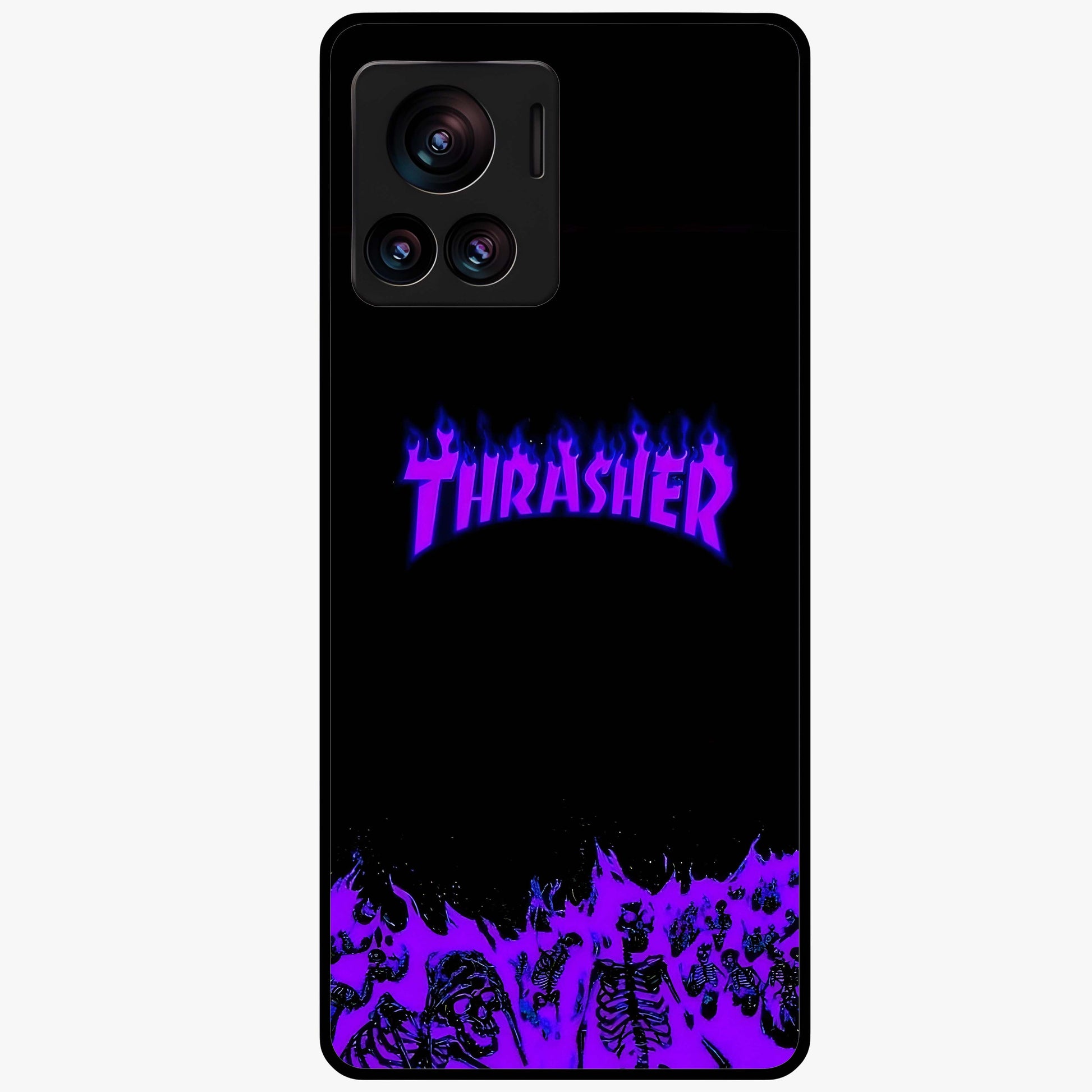 Neon Flame Riot Glass Case showing flat back view with neon flame artwork and glossy glass finish.