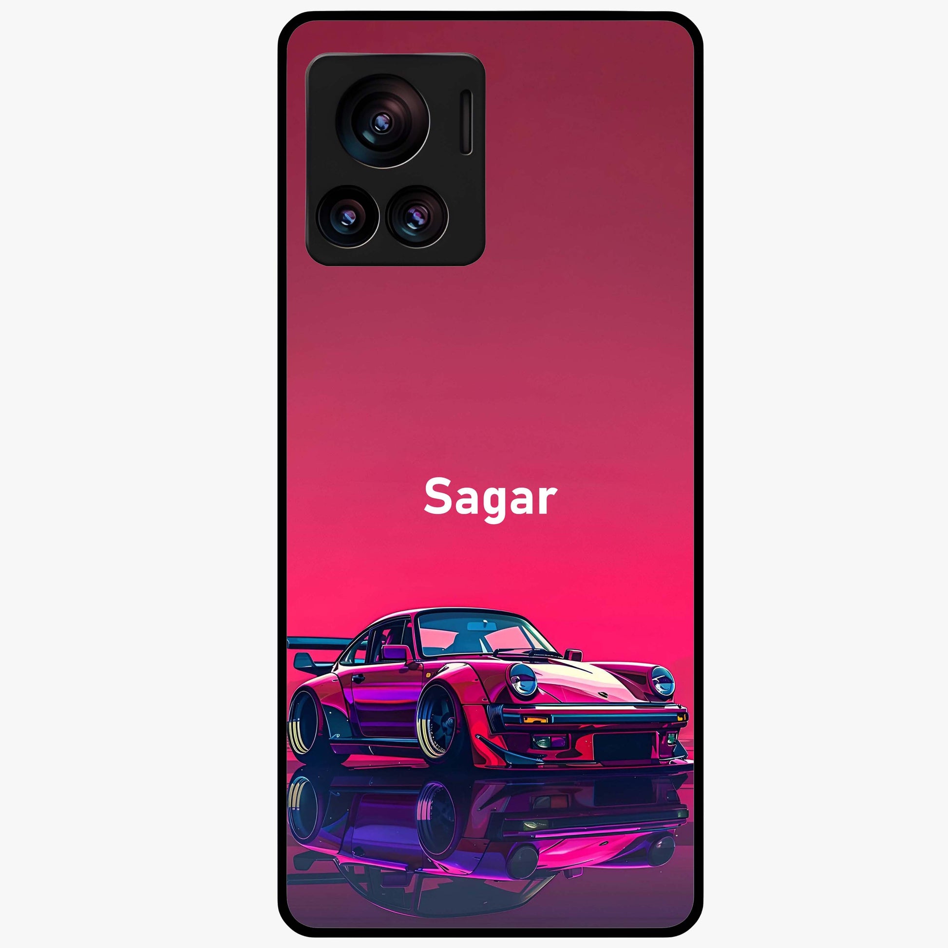 Neon Pink Porsche Glass Case showing flat back view with stylish sports car artwork and glossy glass finish.