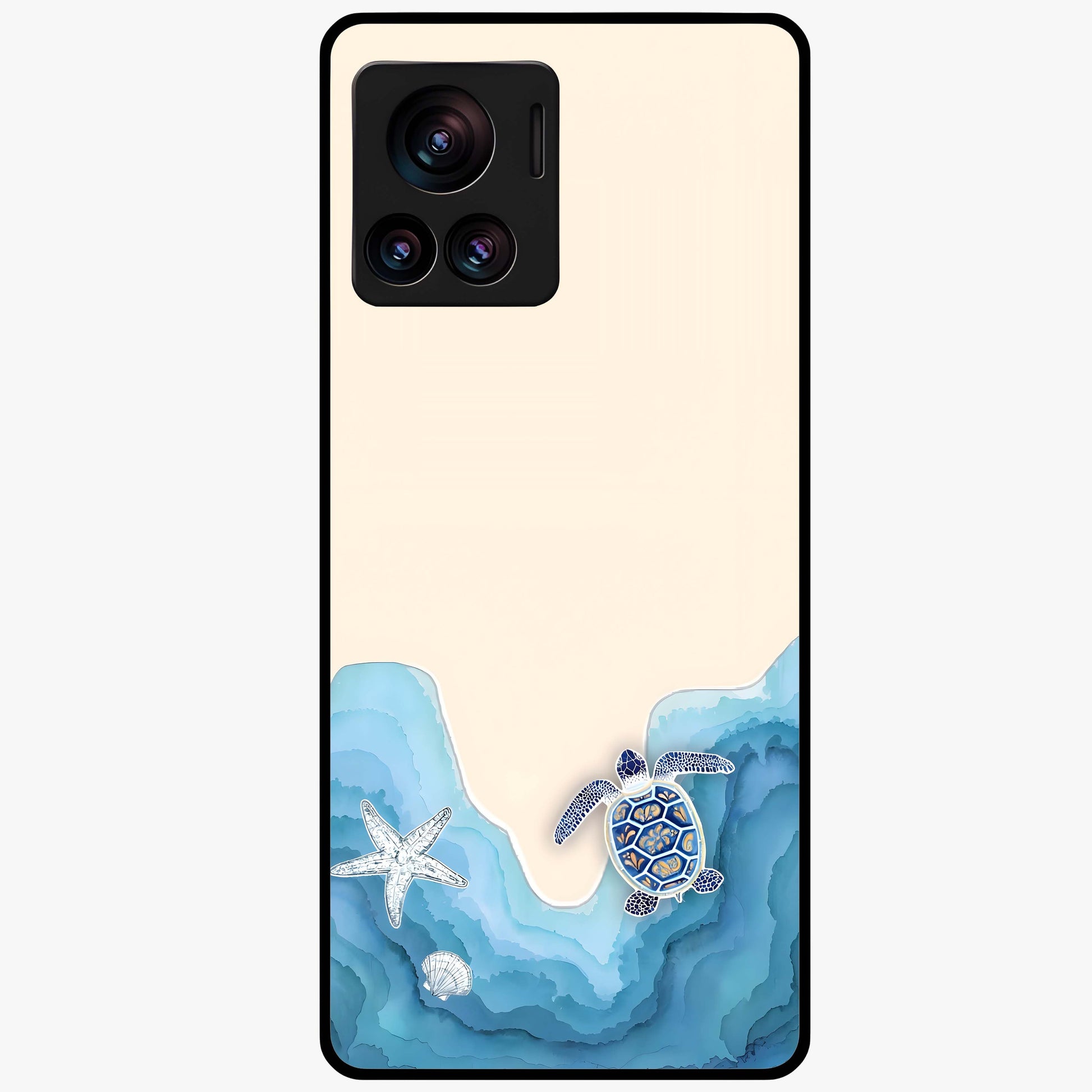 Ocean Drift Turtle Glass Case showing flat back view with sea turtle artwork and glossy glass finish.