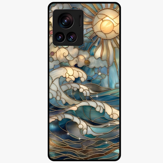 Oceanic Stained Printed Glass Case showing flat back view with ocean inspired stained pattern artwork and glossy glass finish.