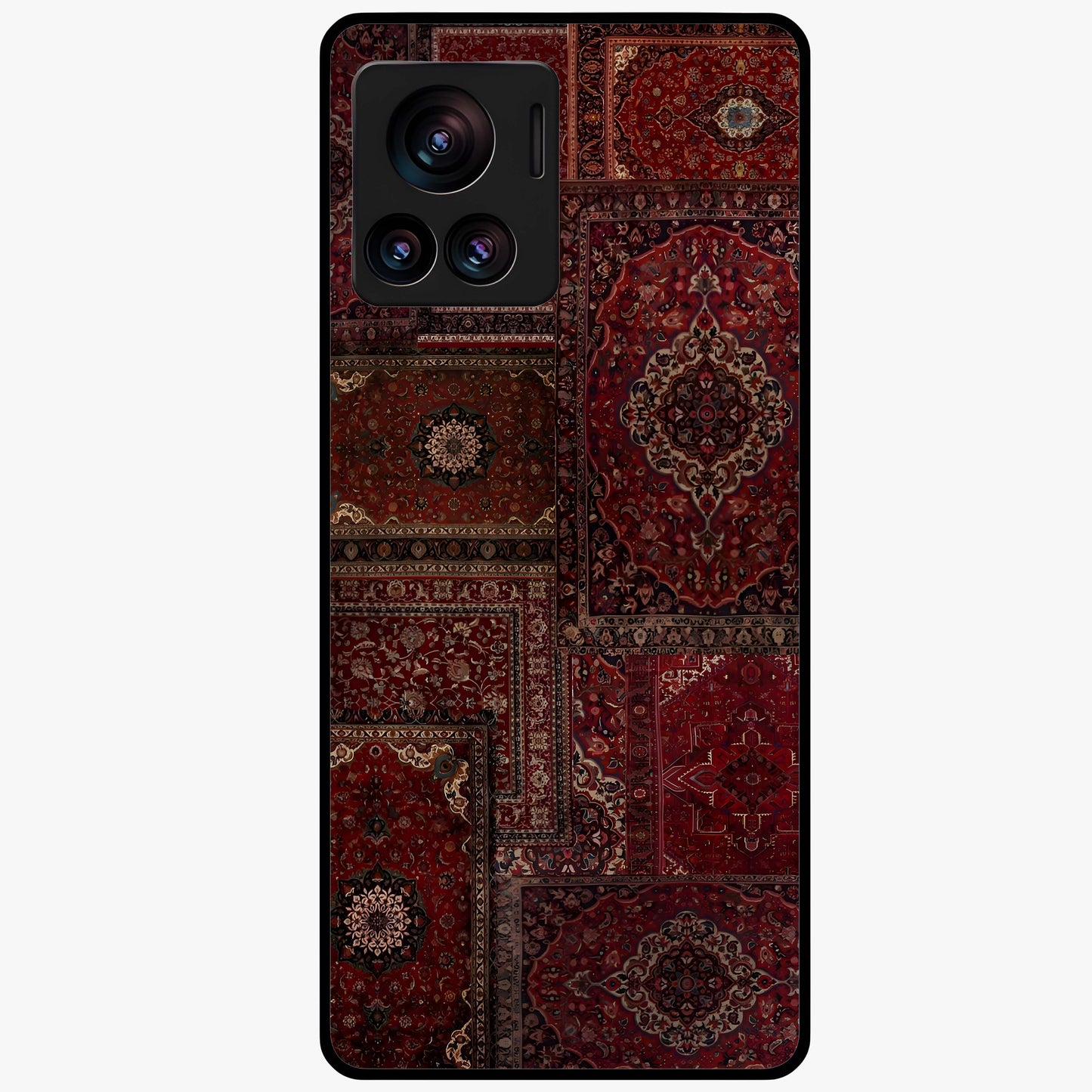 Persian Velvet Tale Glass Case showing flat back view with luxurious Persian velvet pattern artwork and glossy glass finish.