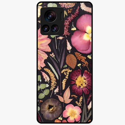 Petal Dream Tapestry Glass Case showing flat back view with intricate floral tapestry artwork and glossy glass finish.