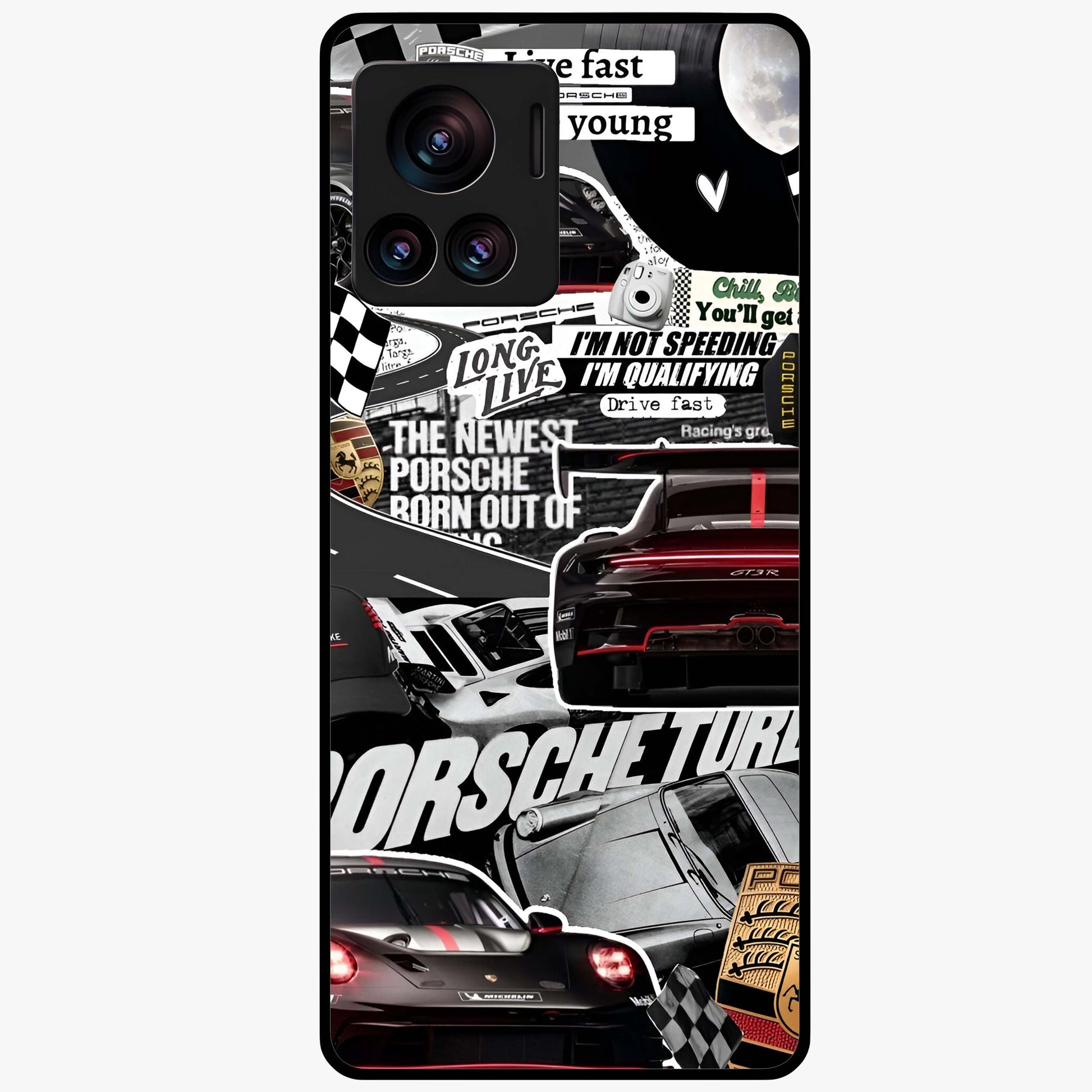 Porsche Racing Collage Glass Case showing flat back view with sports car racing collage artwork and glossy glass finish.