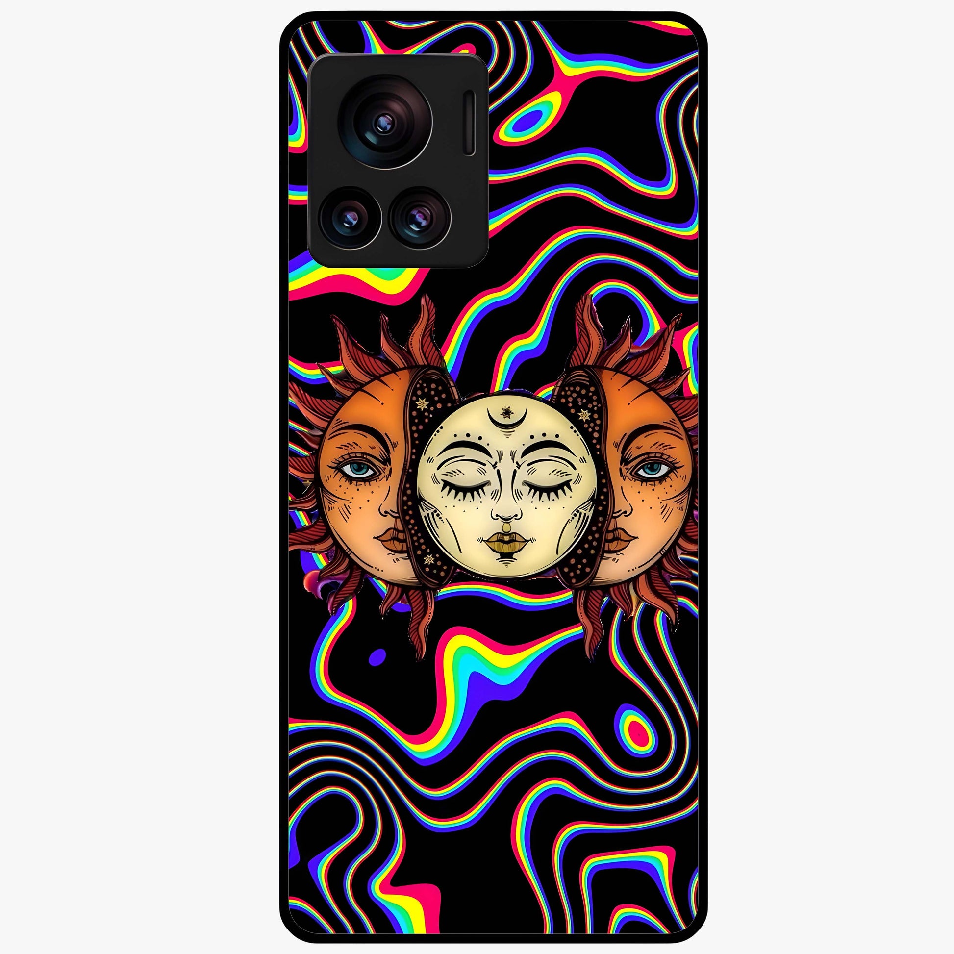 Psychedelic Sun Glass Case showing flat back view with colorful psychedelic sun artwork and glossy glass finish.