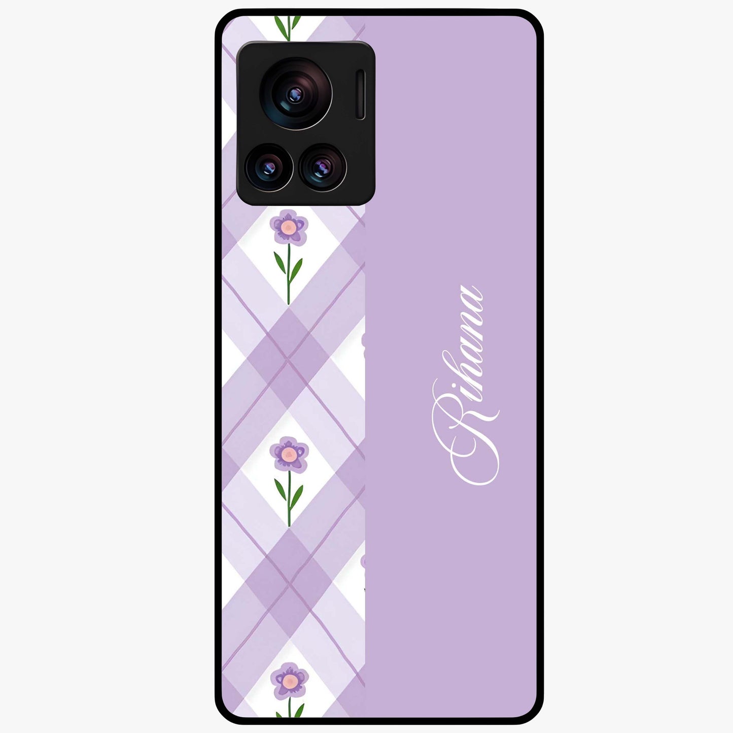 Purple Diamond Floral Glass Case showing flat back view with diamond shaped floral artwork and glossy glass finish.