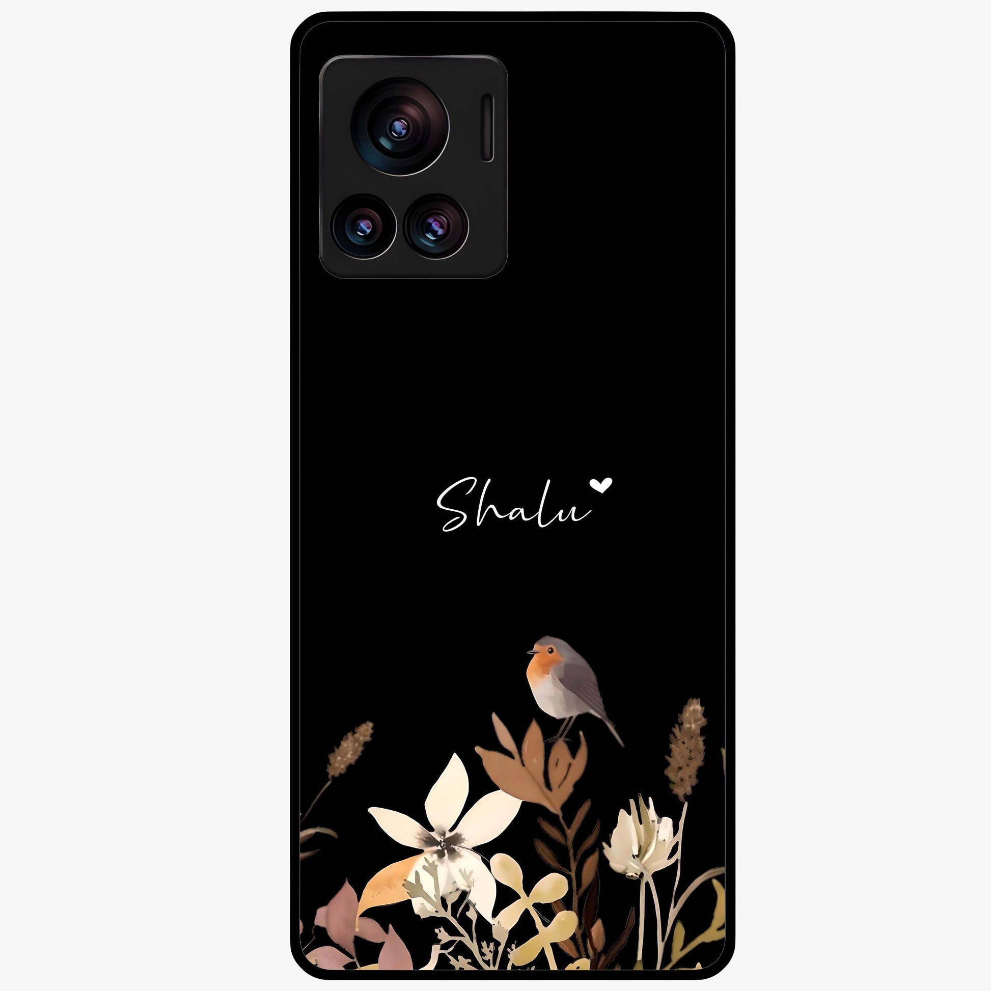 Quiet Garden Tune Custom Name Glass Case showing flat back view with peaceful garden artwork and personalized name design.