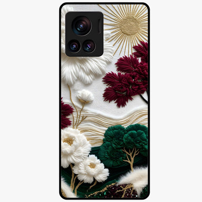 Radiant Bloom Elegance Glass Case showing flat back view with elegant blooming flower artwork and glossy glass finish.