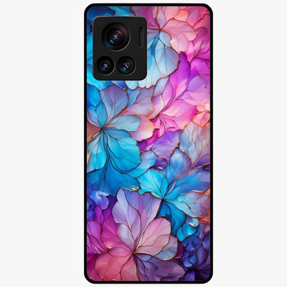 Radiant Floral Whirl Glass Case showing flat back view with swirling floral artwork and glossy glass finish.