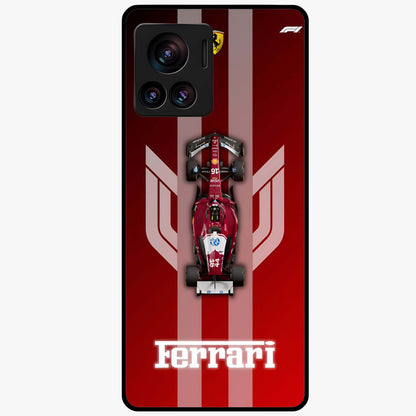 Red Ferrari F1 Vertical Glass Case showing flat back view with sleek Formula racing car artwork and glossy glass finish.