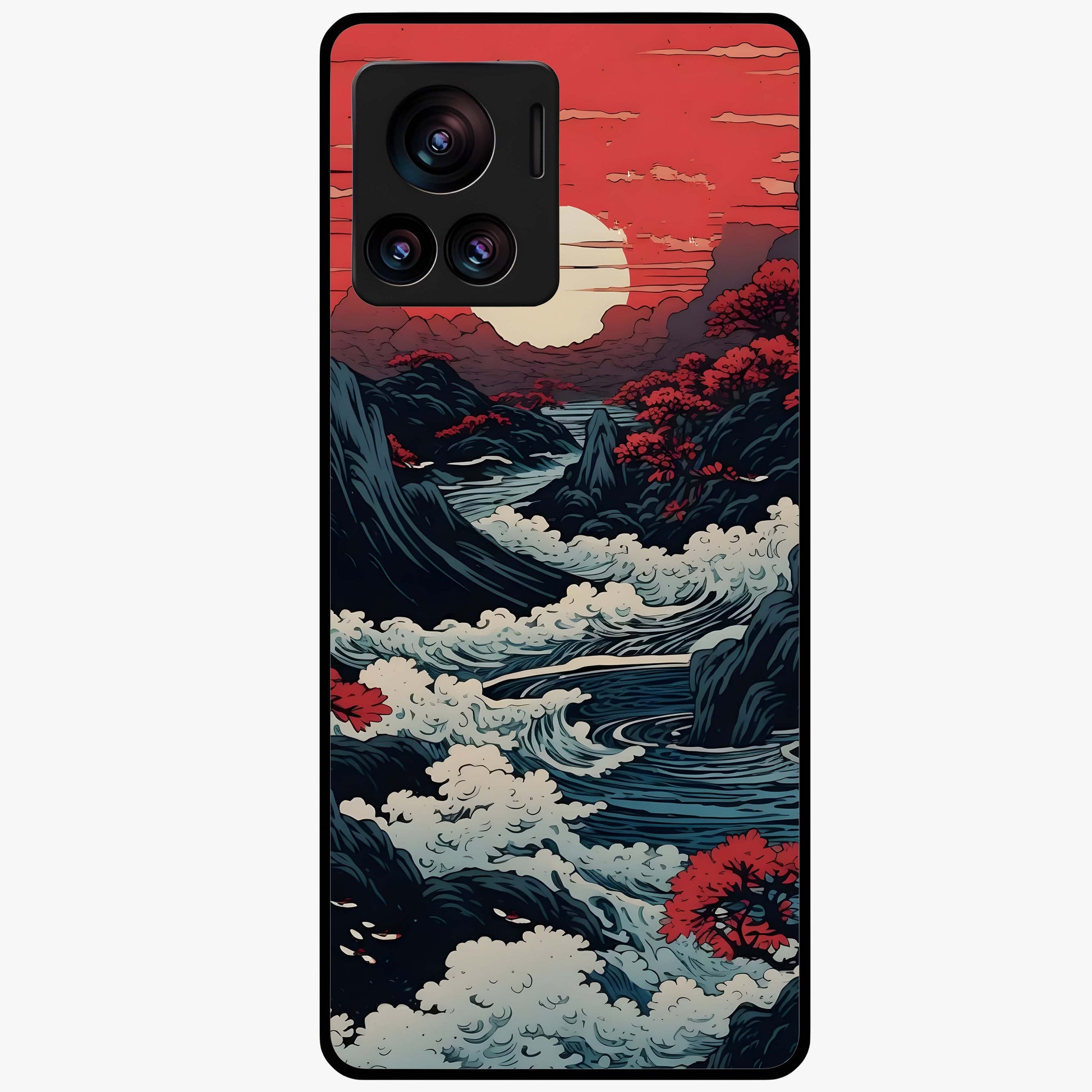 Red Sunset Scenery Glass Case showing flat back view with vibrant sunset landscape artwork and glossy glass finish.