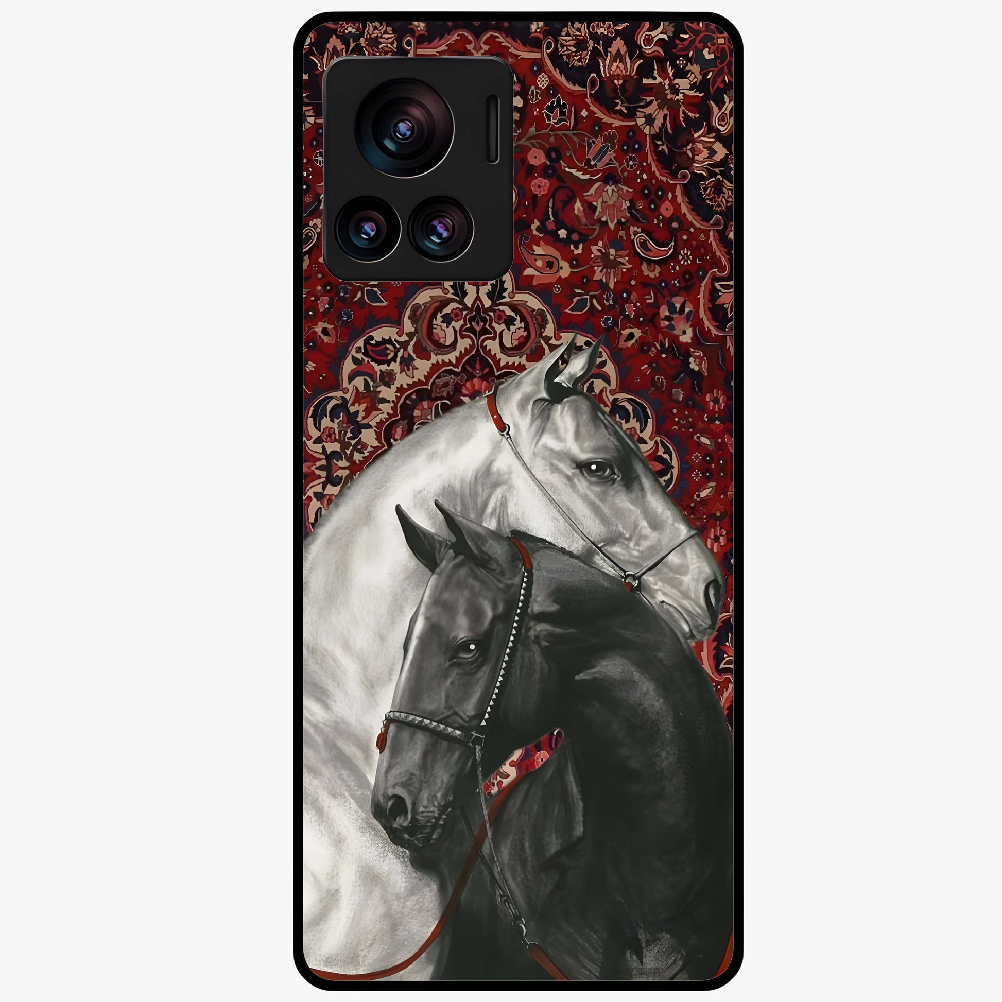 Regal Stallion Tapestry Glass Case showing flat back view with majestic horse tapestry artwork and glossy glass finish.