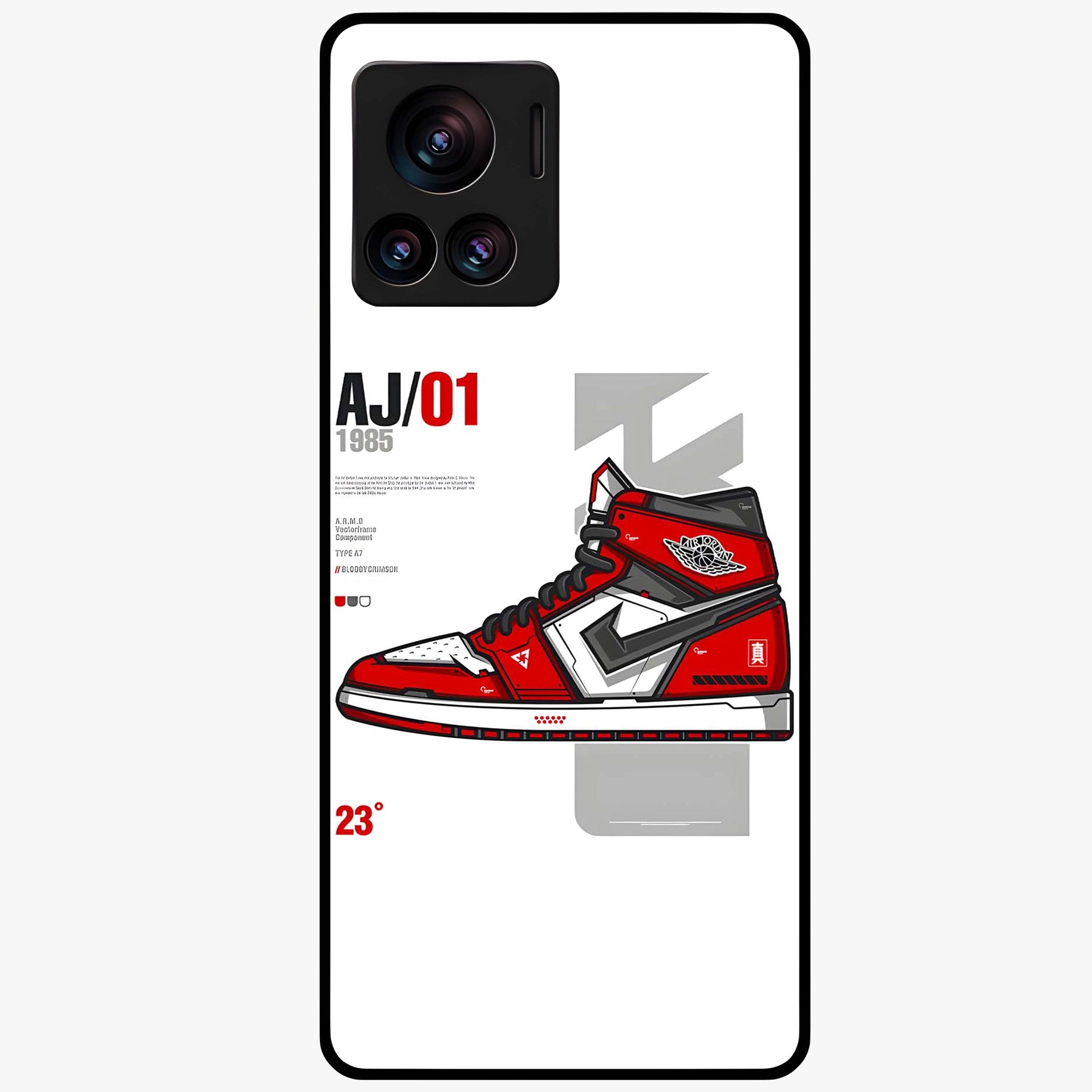 Retro Sneaker Blueprint Glass Case showing flat back view with sneaker blueprint style artwork and glossy glass finish.