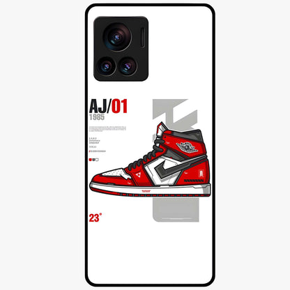 Retro Sneaker Blueprint Glass Case showing flat back view with sneaker blueprint style artwork and glossy glass finish.