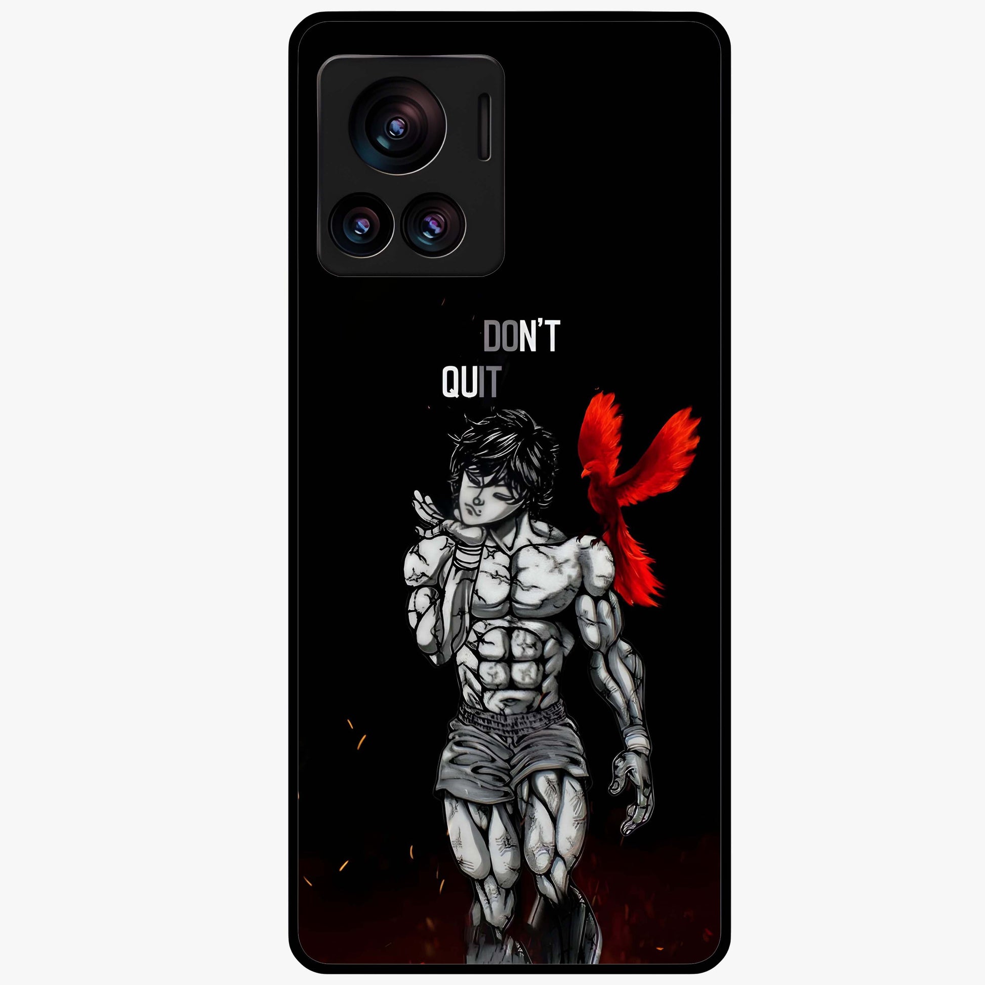 Rise Beyond Limits Glass Case showing flat back view with motivational typography artwork and glossy glass finish.
