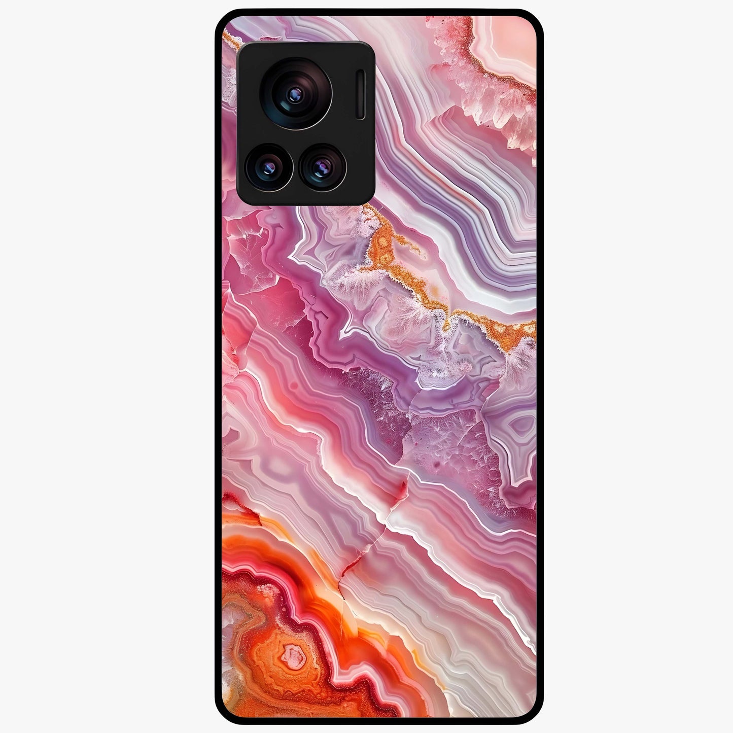 Rose Quartz Marble Glass Case showing flat back view with pink marble quartz texture artwork and glossy glass finish.