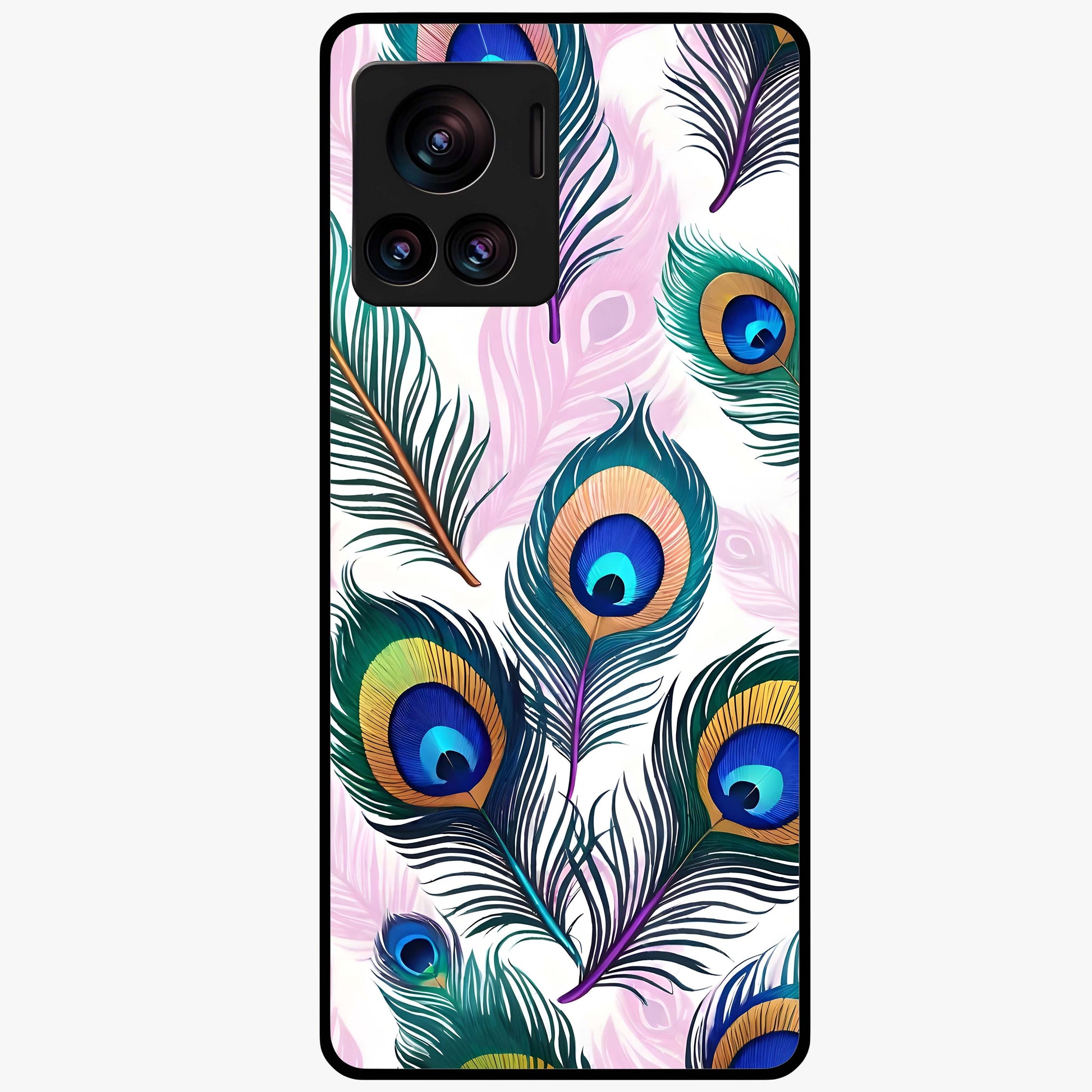 Royal Peacock Feathers Glass Case showing flat back view with colorful peacock feather artwork and glossy glass finish.