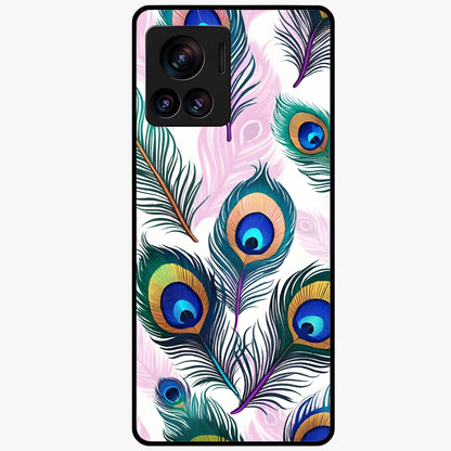 Royal Peacock Feathers Glass Case showing flat back view with colorful peacock feather artwork and glossy glass finish.