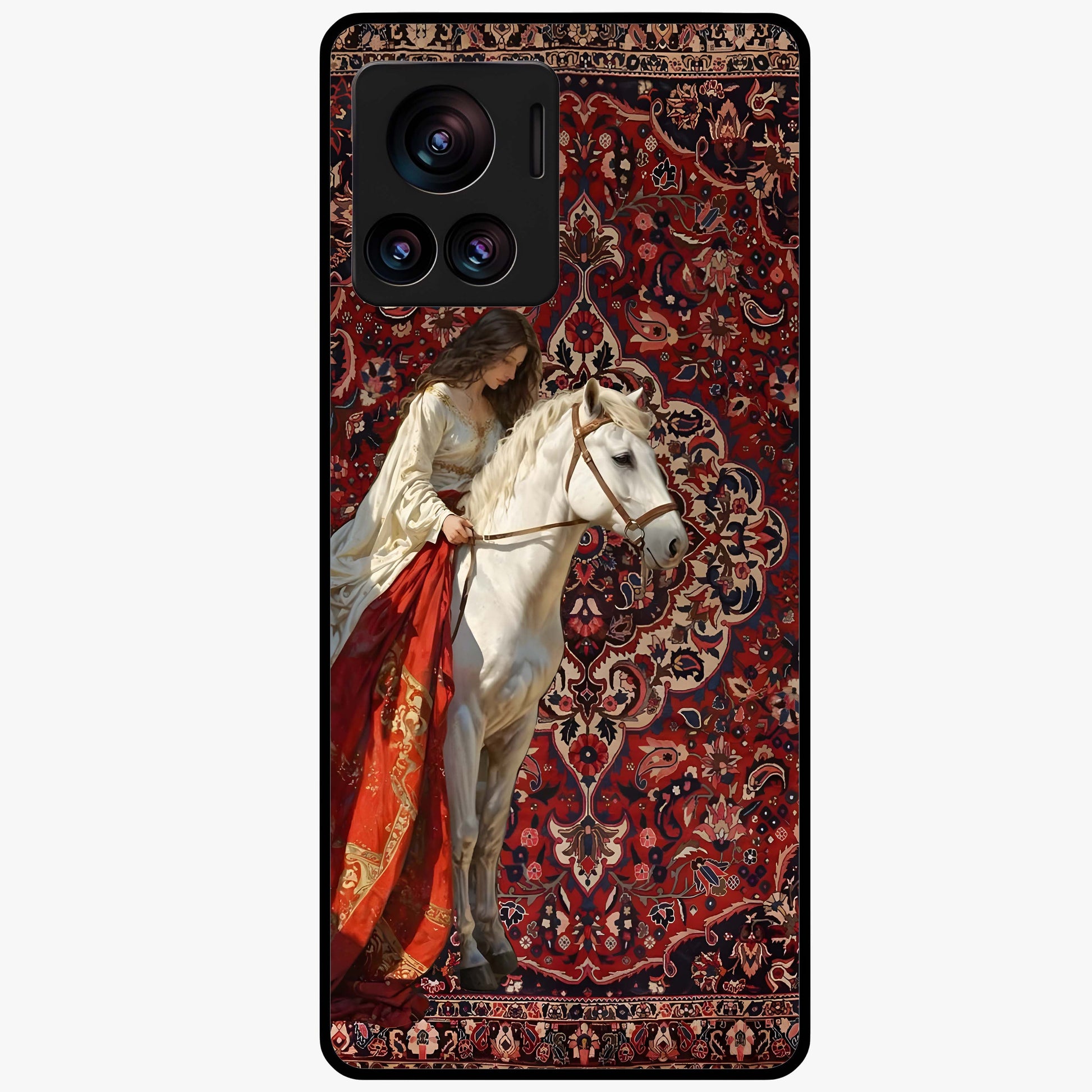 Royal Rider Tapestry Glass Case showing flat back view with majestic horse rider tapestry artwork and glossy glass finish.