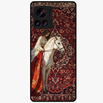 Royal Rider Tapestry Glass Case showing flat back view with majestic horse rider tapestry artwork and glossy glass finish.