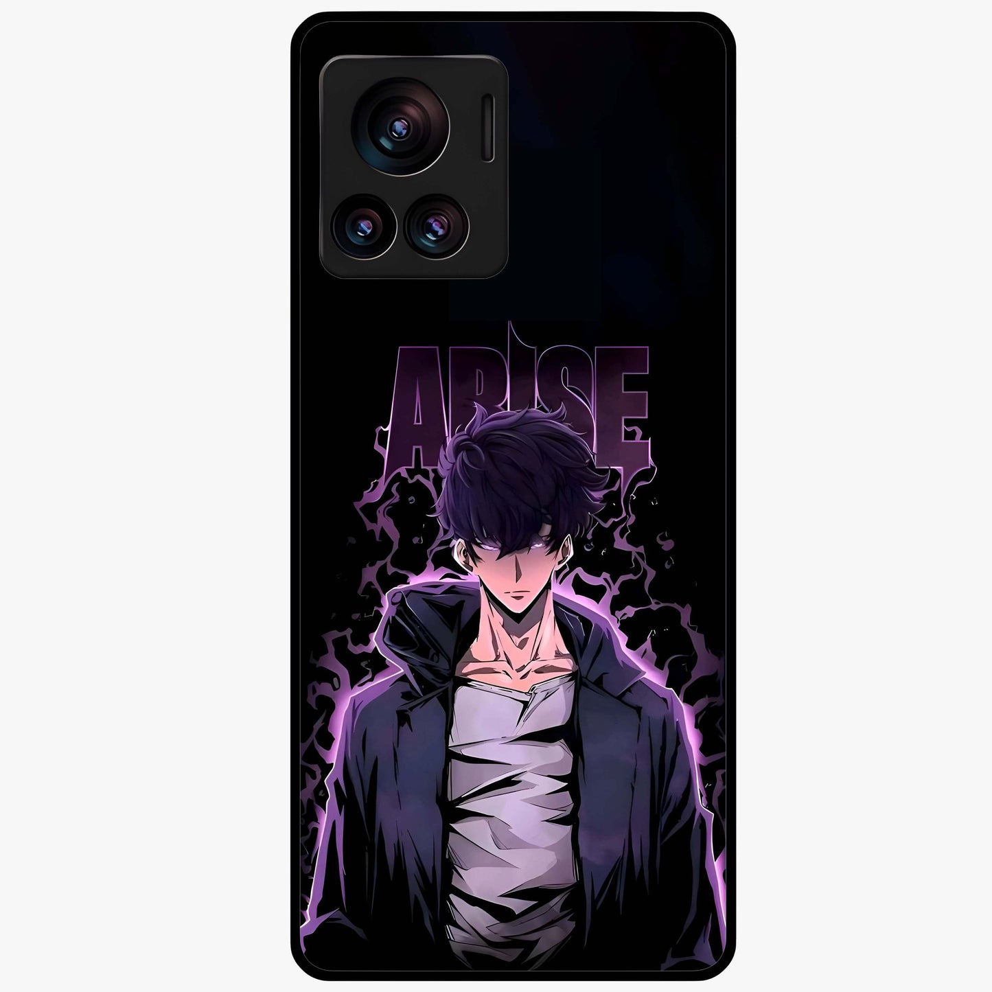 Shadow Monarch Awakening Glass Case showing flat back view with powerful dark monarch themed artwork and glossy glass finish.