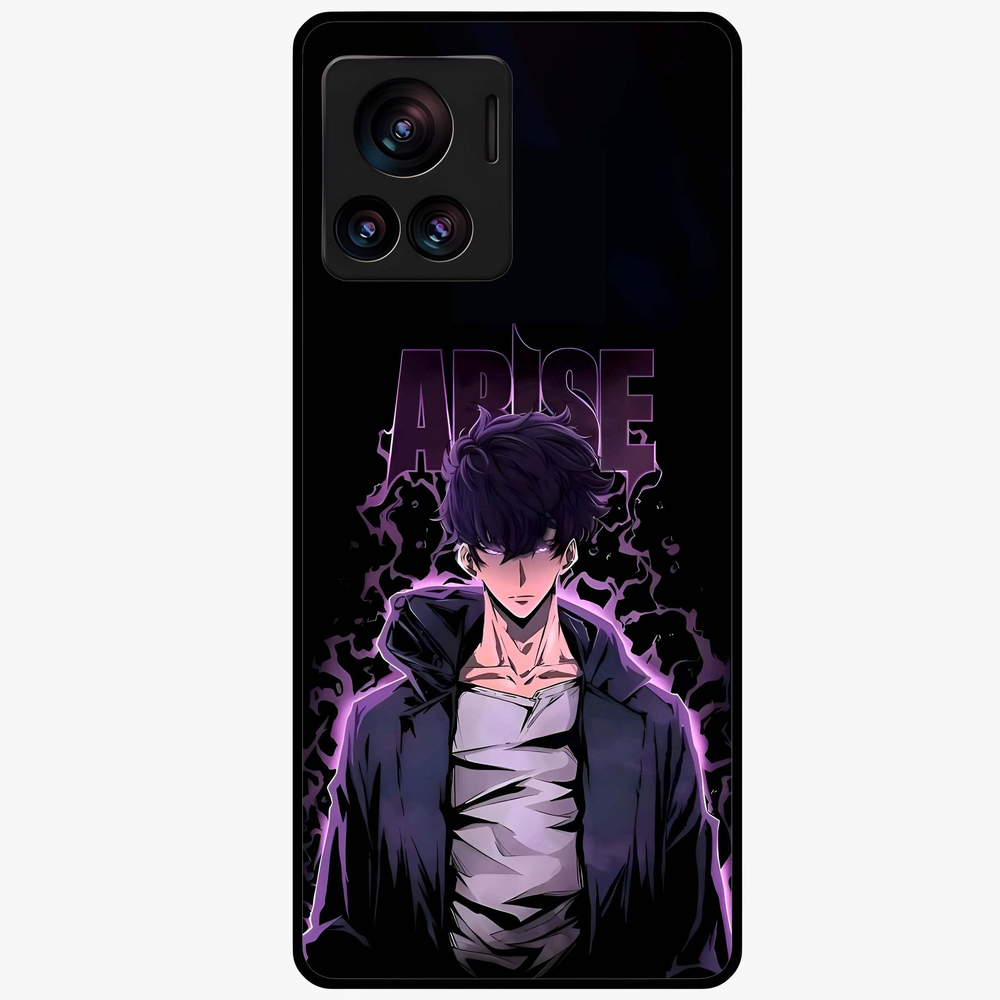 Shadow Monarch Awakening Glass Case showing flat back view with powerful dark monarch themed artwork and glossy glass finish.