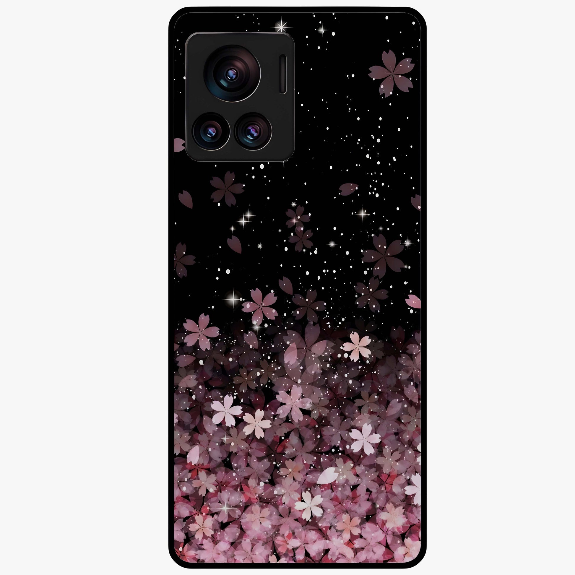 Small Starry Flowers Glass Case showing flat back view with delicate starry floral artwork and glossy glass finish.