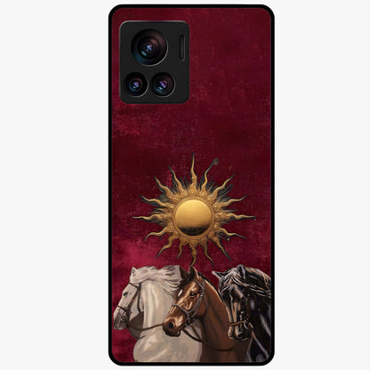 Solar Riders Glass Case showing flat back view with dynamic rider themed artwork and glossy glass finish.