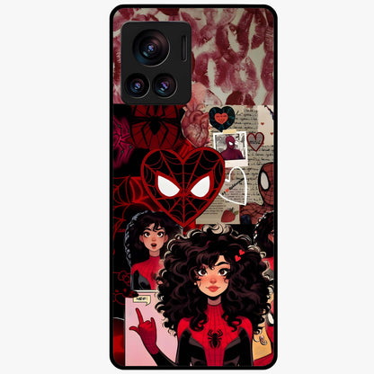 Spider Love Story Glass Case showing flat back view with romantic superhero themed artwork and glossy glass finish.