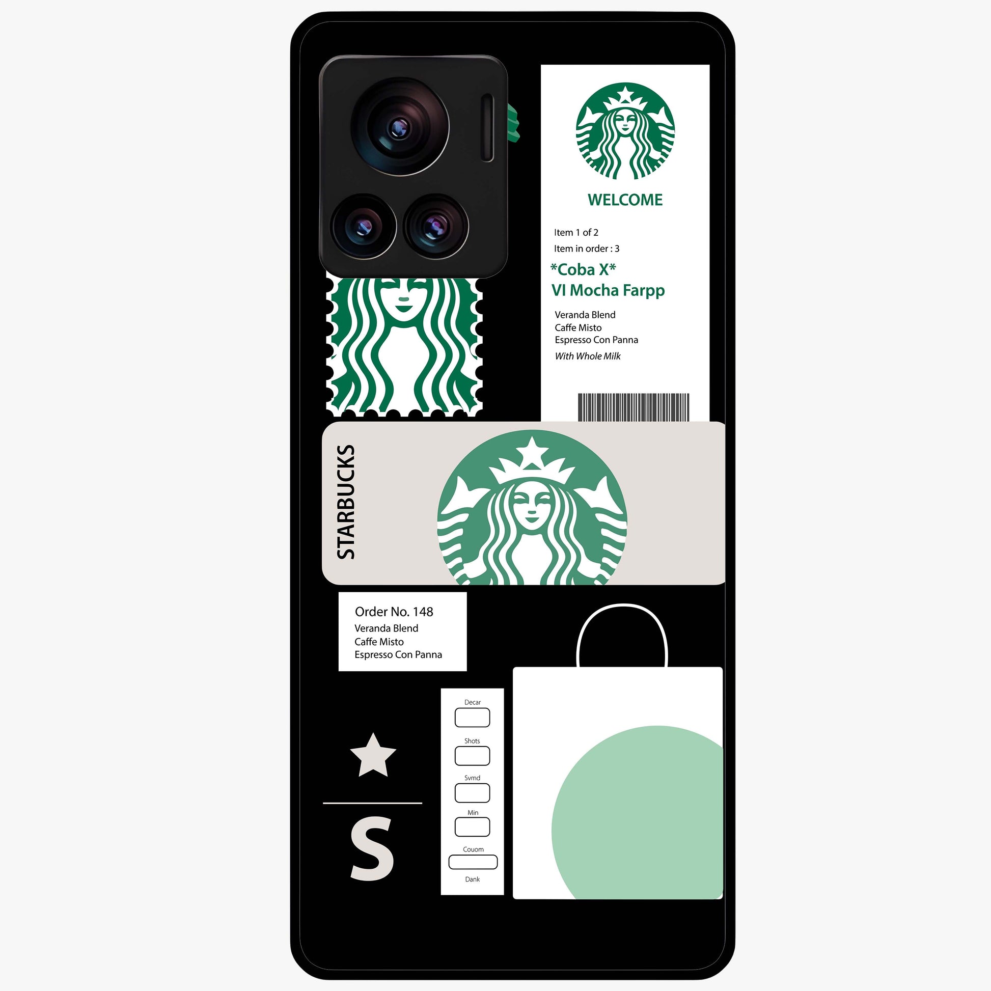 Starbucks Mocha Glass Case showing flat back view with coffee inspired artwork and glossy glass finish.