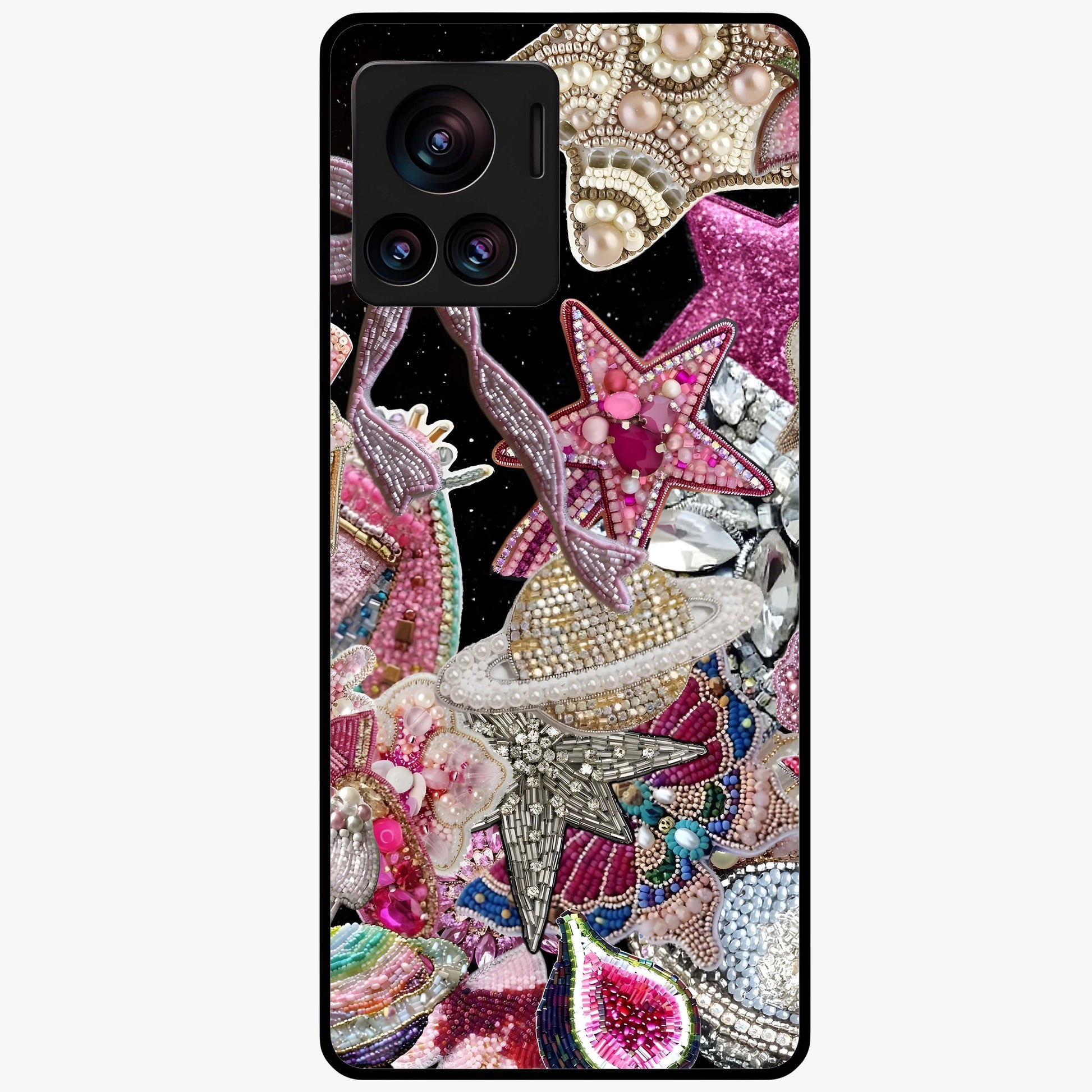 Starlit Jewel Dream Glass Case showing flat back view with sparkling jewel and star themed artwork and glossy glass finish.